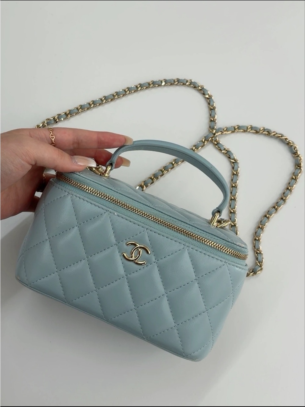 CHANEL Light Blue Quilted Vanity Crossbody with Gold Chain